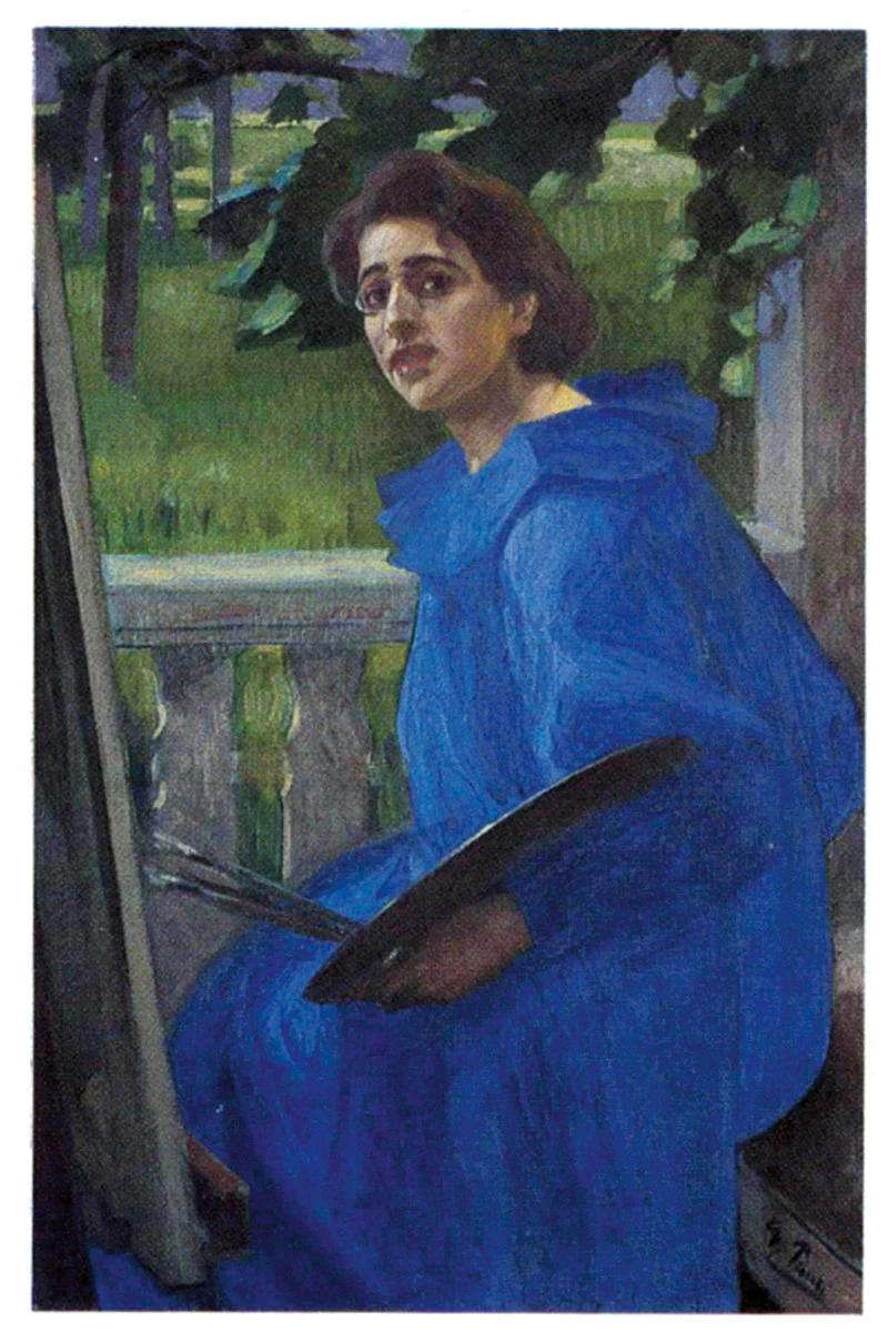 Ritratto della moglie, la pittrice svedese Hanna Pauli dipingendo in un abito blu
